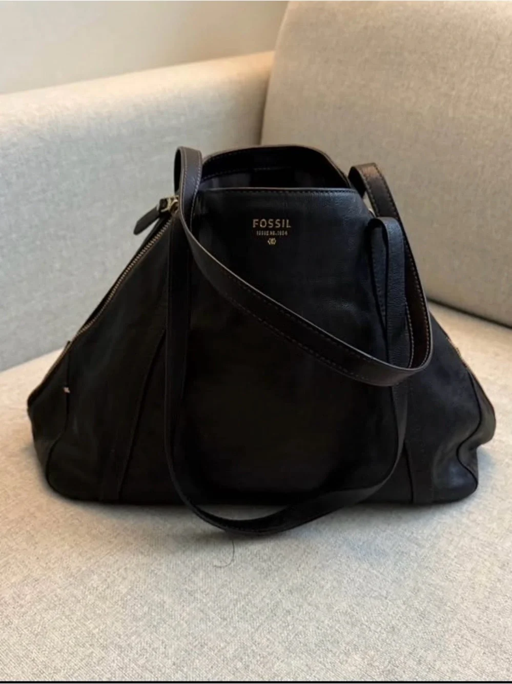 Fossil Black Leather Tote with Gold Logo